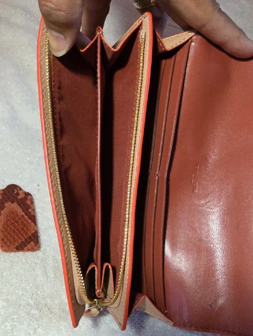Coach Rust Leather Shoulder Bag with Snakeskin-Print Trim